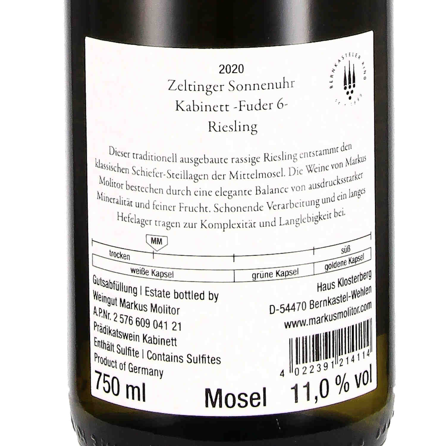 Riesling Kabinett tocken Zeltinger Sonnenuhr Fuder 6 2020, PW