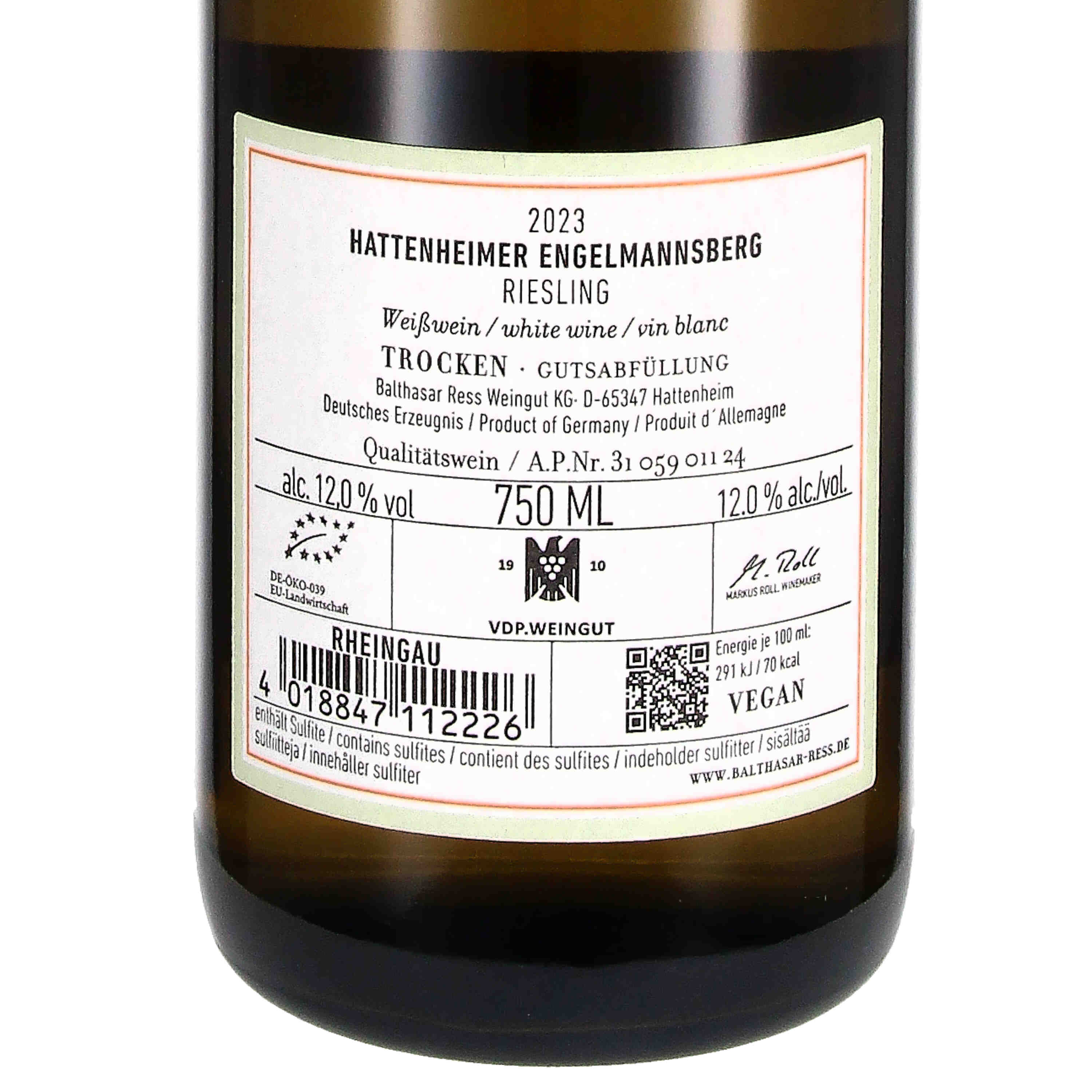Riesling trocken Hattenheim Engelmannsberg VDP.Erste Lage 2023, Qw (bio)