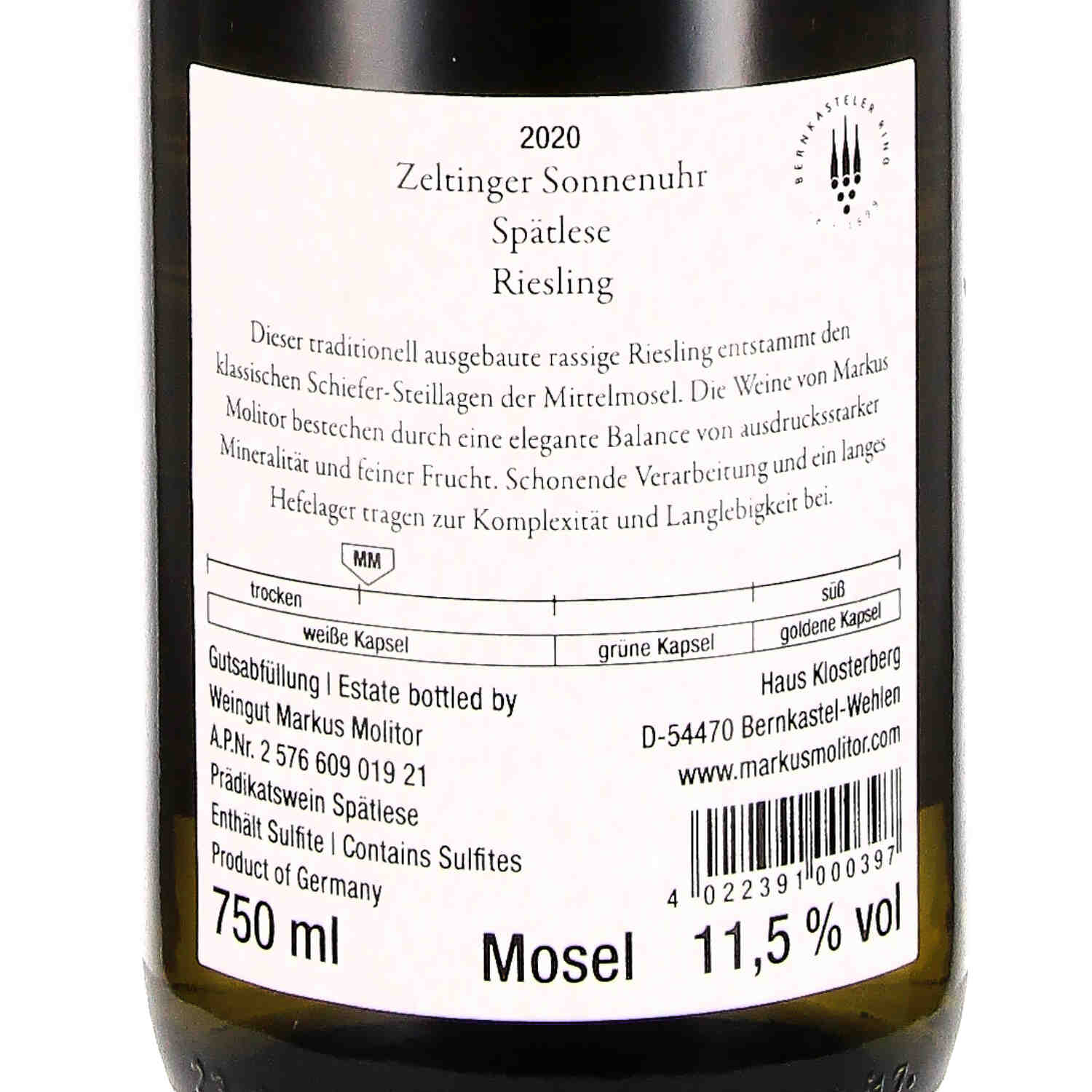 Riesling Spätlese trocken Zeltinger Sonnenuhr 2020