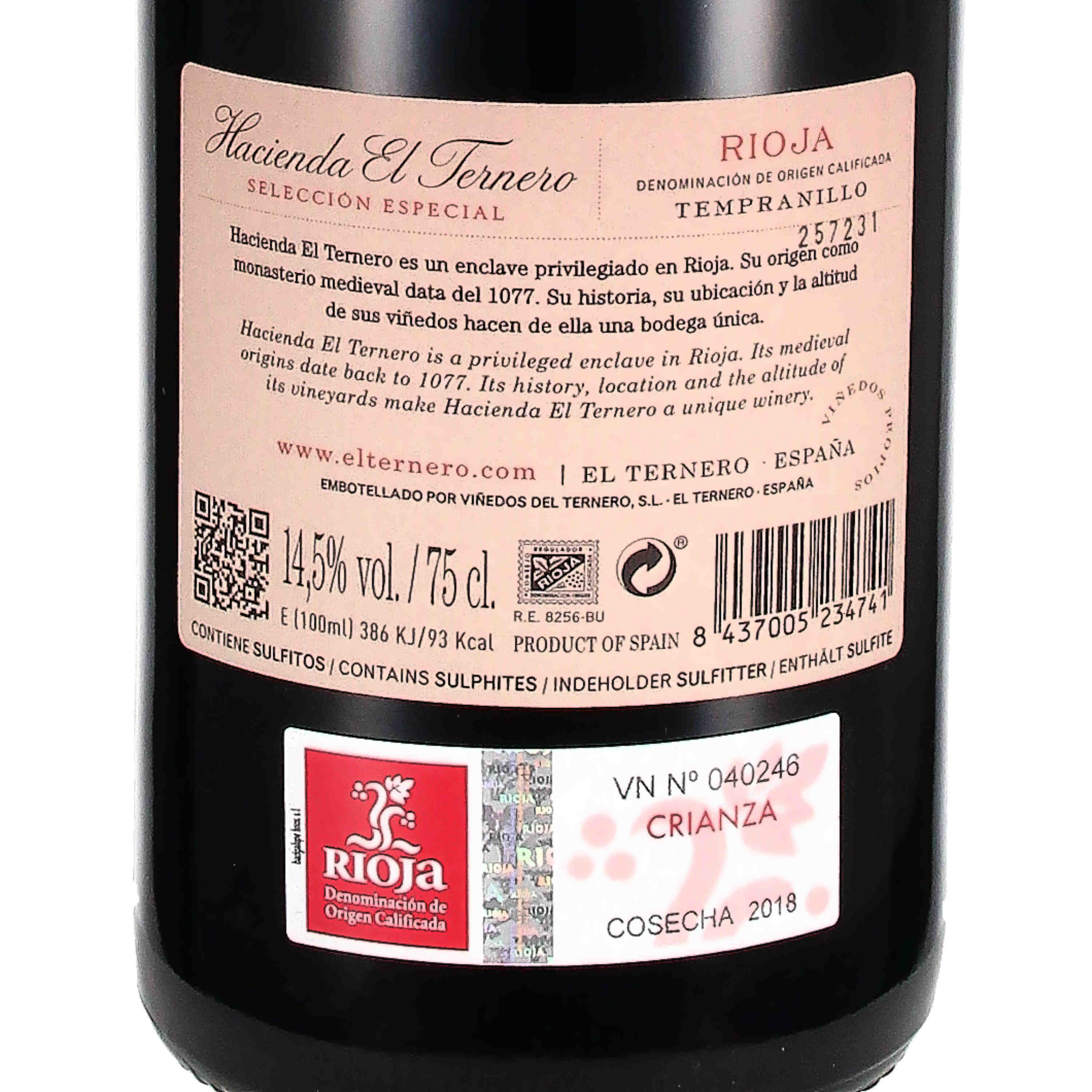 el Ternero Crianza Selección Rioja D.O.Ca 2018