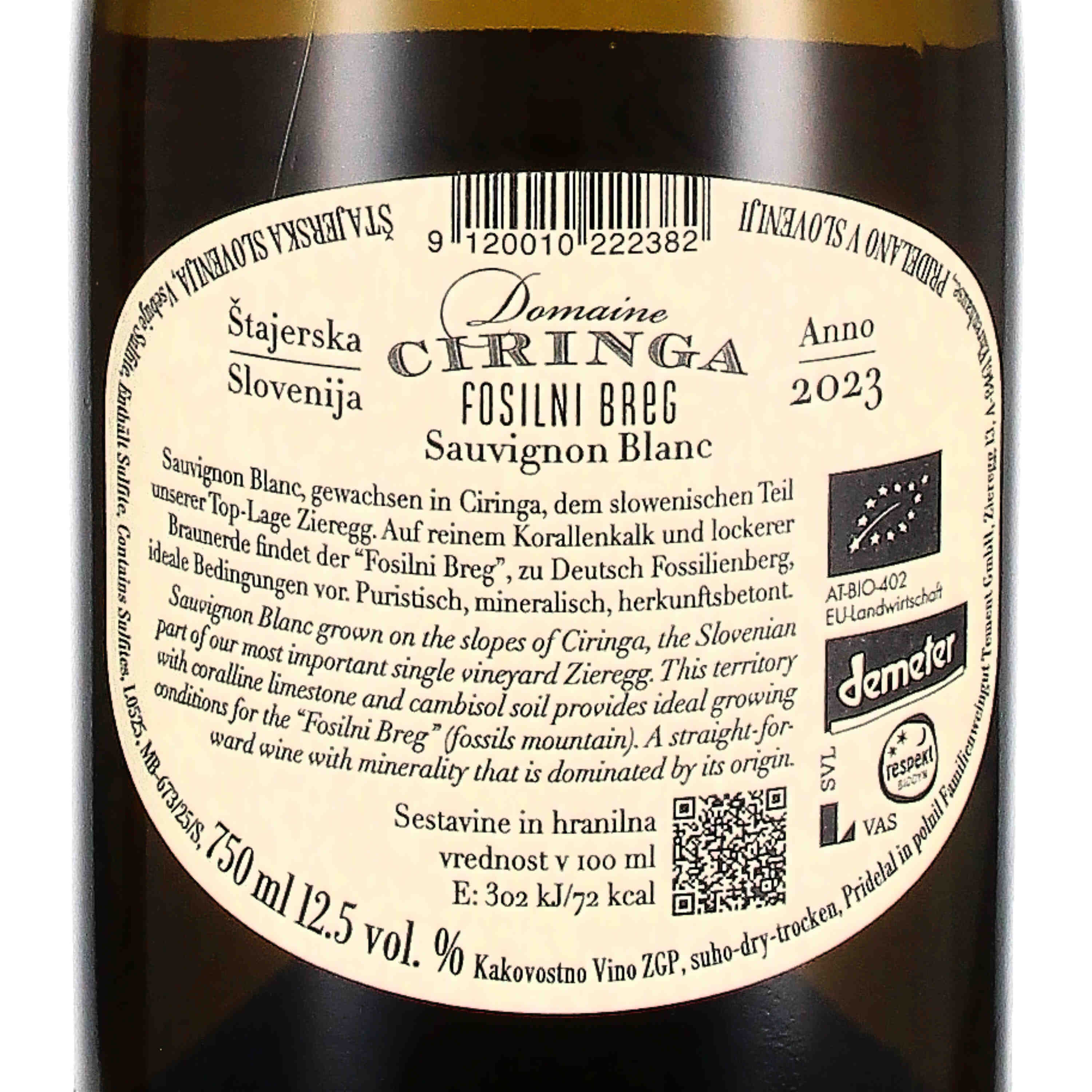 Fosilni Breg Sauvignon Blanc Vrhunsko Vino ZGP 2023 (bio)