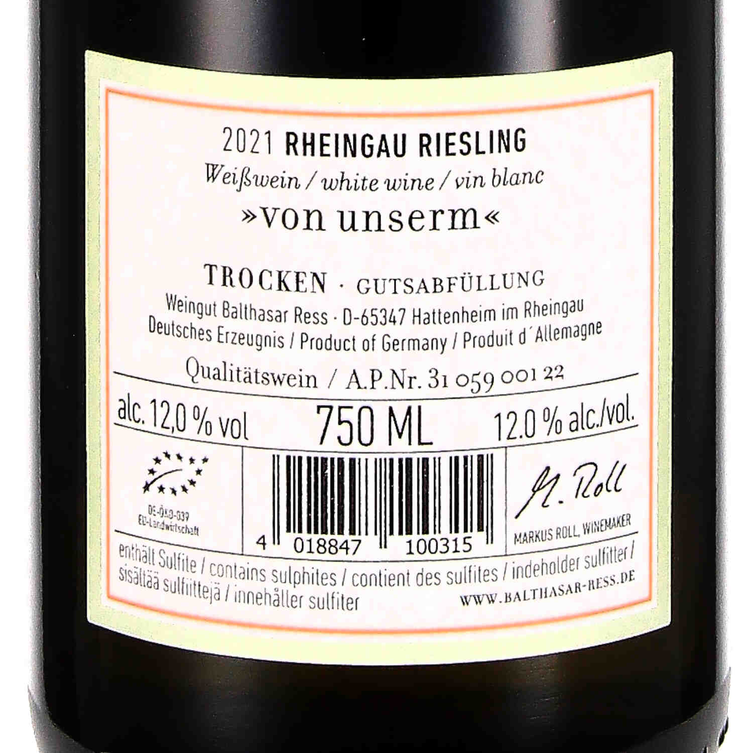 Riesling trocken von unserm 2021 QbA (bio)