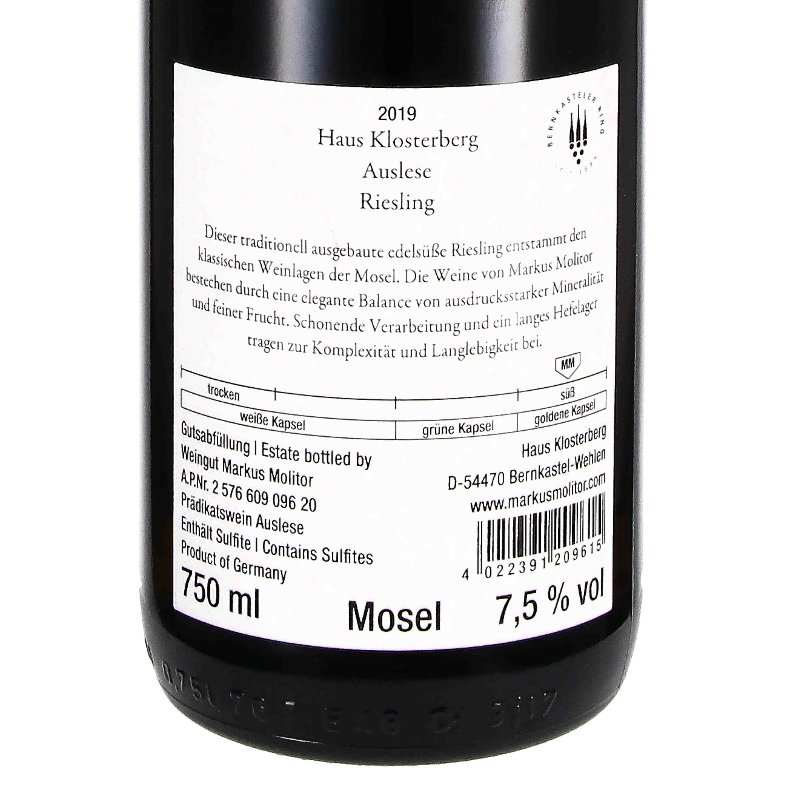 Riesling Auslese Haus Klosterberg Goldkapsel fruchtsüß 2019