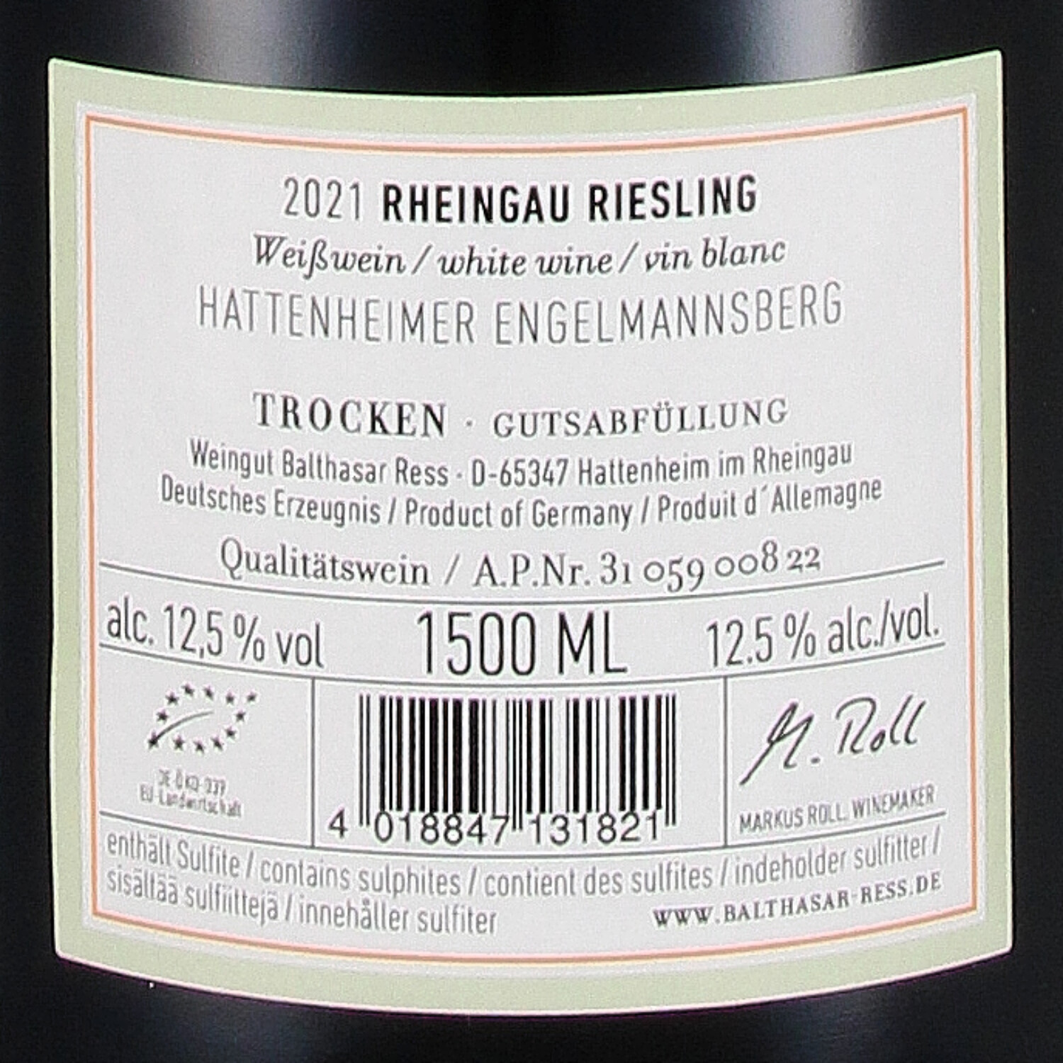 Riesling trocken Hattenheim Engelmannsberg Erste Lage 2021 QbA (bio) - Magnum