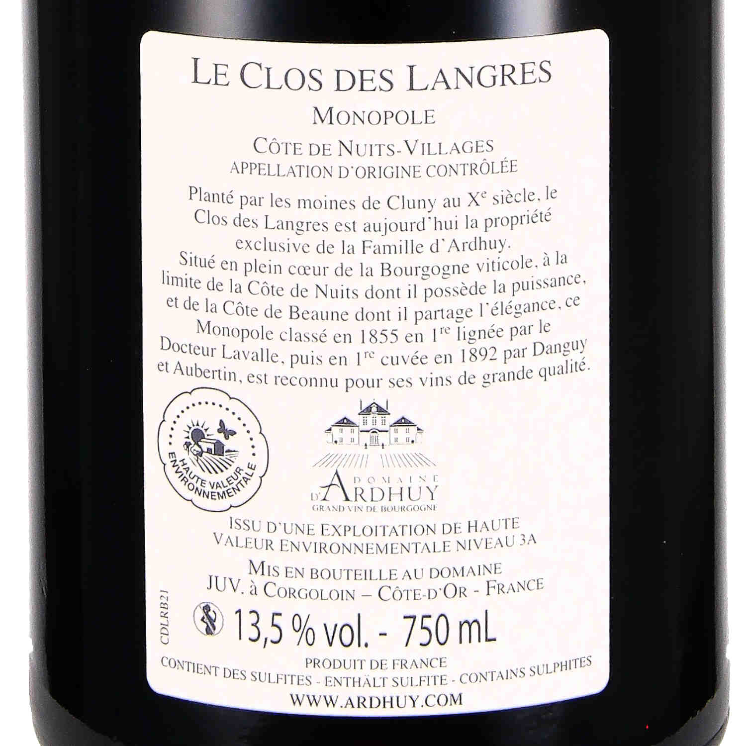 "Le Clos des Langres" Côte de Nuits-Villages Rouge 2021  Monopole